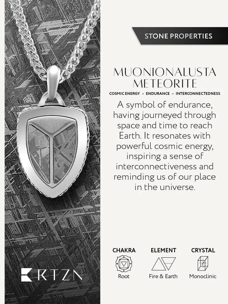 Silver shield pendant with real muonionalusta meteorite inlay on a matching silver wheat chain