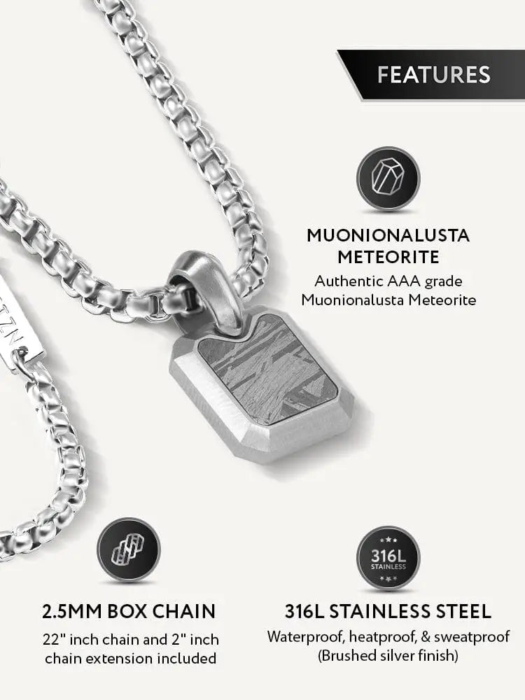 Silver-toned rectangular pendant necklace with brushed stainless steel frame and authentic muonionalusta meteorite inlay