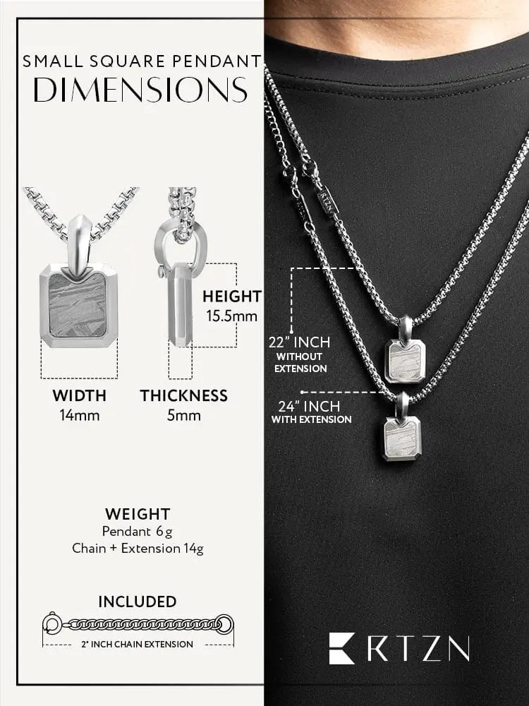 Silver rectangular Muonionalusta meteorite pendant with textured stone-like surface and sleek stainless steel edges