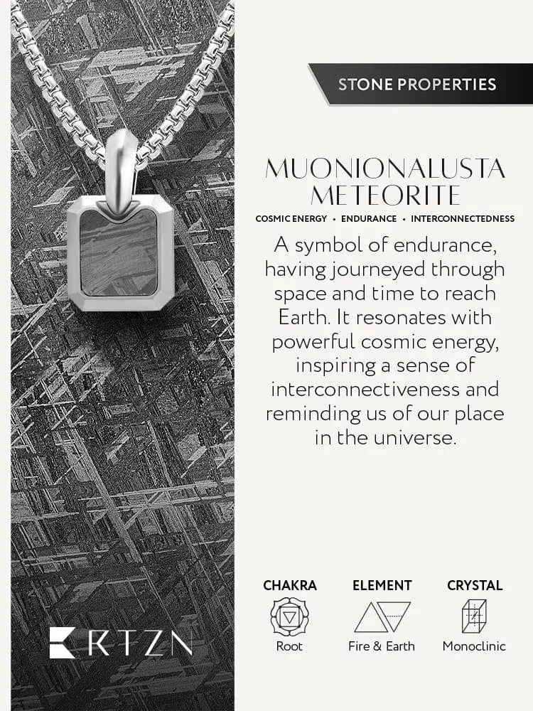 Silver-toned rectangular stainless steel necklace pendant with polished frame and embedded muonionalusta meteorite stone