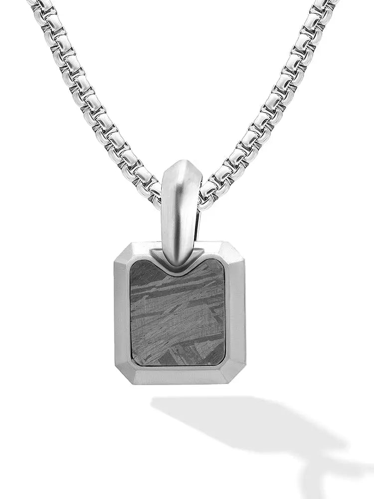 Silver-toned Muonionalusta meteorite rectangular stainless steel necklace with faceted frame and dark gray inlay