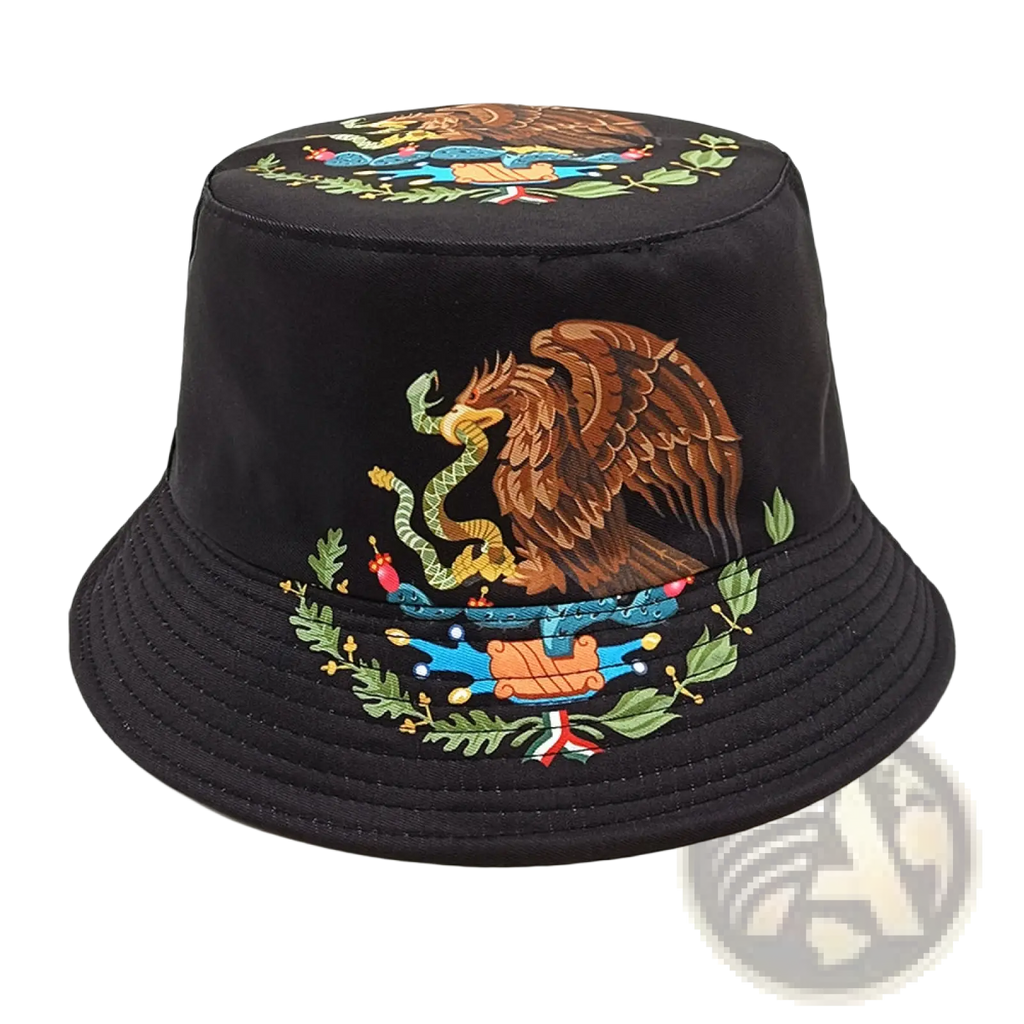 Black bucket hat with embroidered Mexican flag emblem featuring a brown eagle clutching a green snake for sun protection
