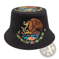 Black bucket hat with embroidered Mexican flag emblem featuring a brown eagle clutching a green snake for sun protection