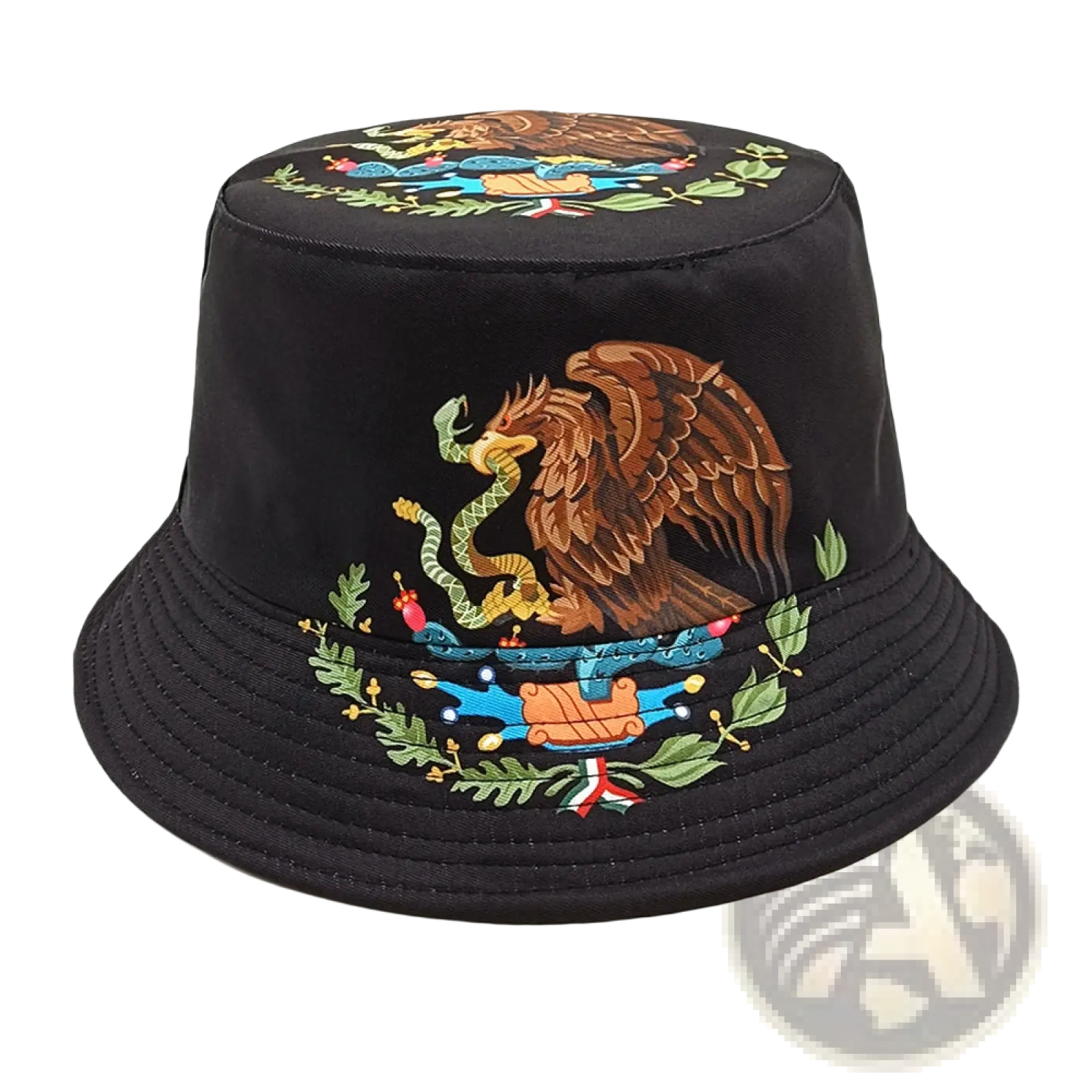 Black bucket hat with embroidered Mexican flag emblem featuring a brown eagle clutching a green snake for sun protection
