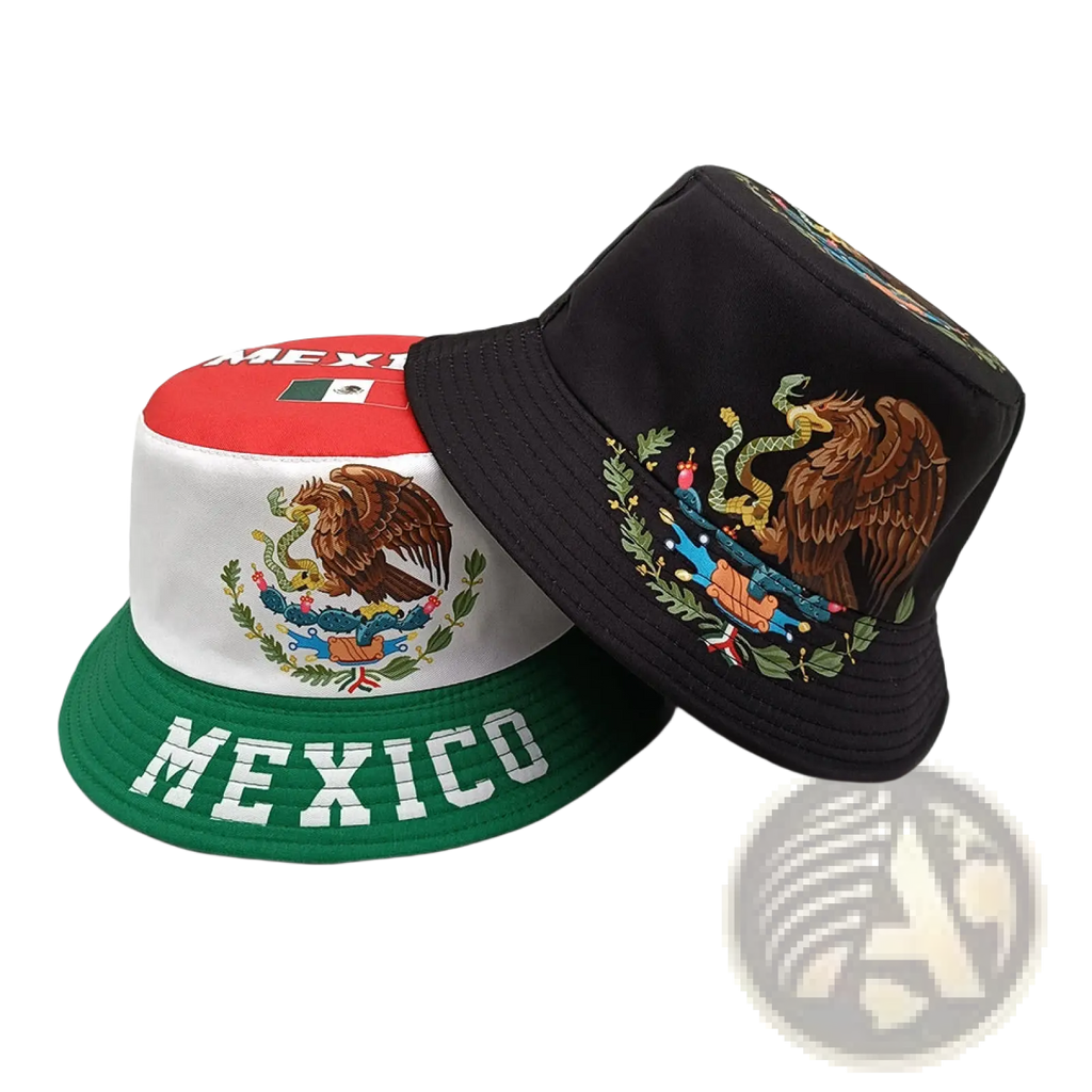 Mexican flag bucket hat with red white and green panels embroidered national emblem and mexico lettering on brim
