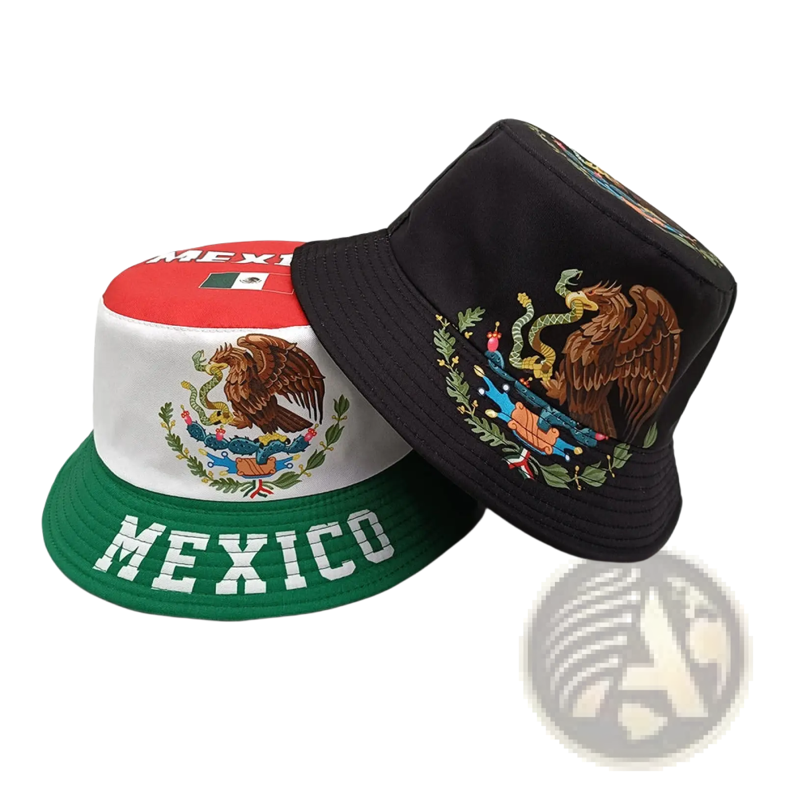 Mexican flag bucket hat with red white and green panels embroidered national emblem and mexico lettering on brim
