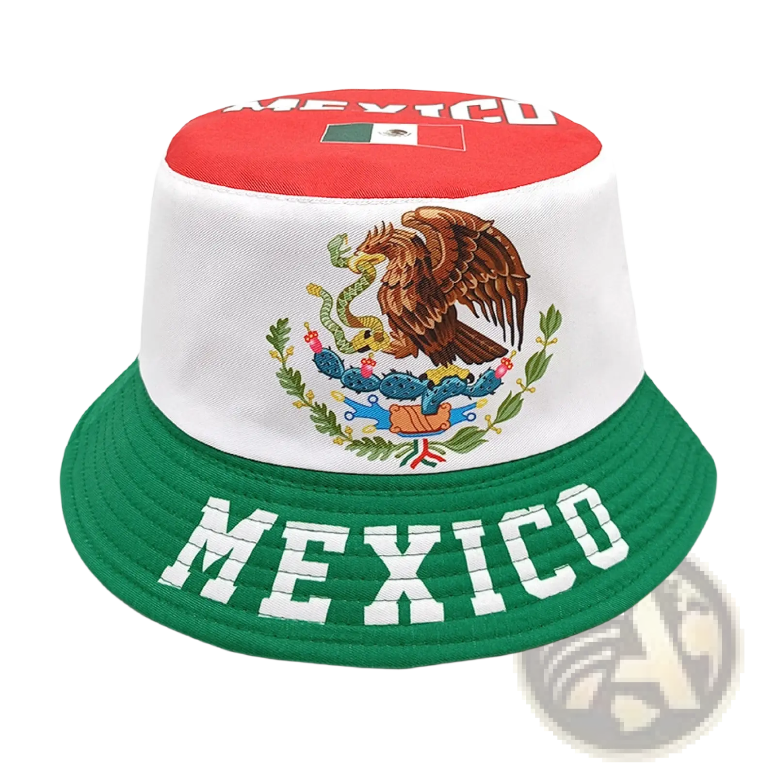 Mexican flag bucket hat with red white and green colors and embroidered eagle emblem for sun protection