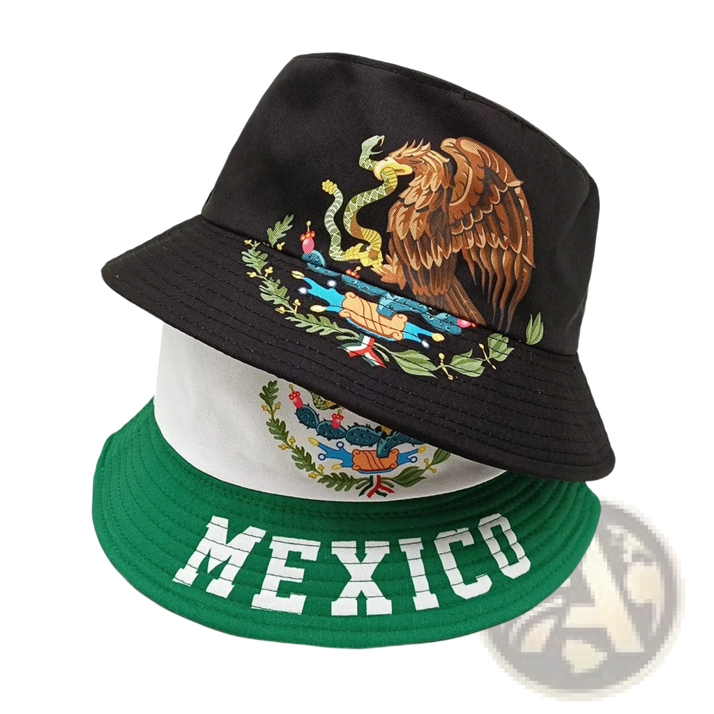 Black bucket hat featuring detailed embroidered Mexican flag emblem with eagle snake and cactus on the crown for sun protection