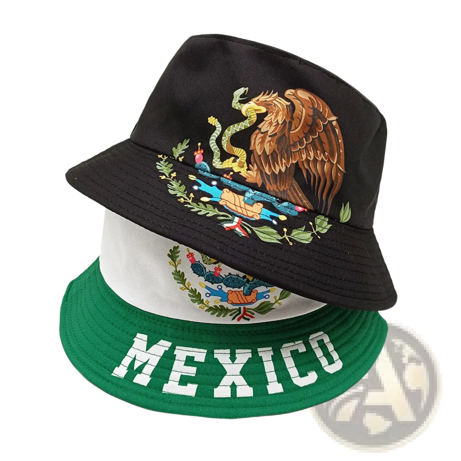 Black bucket hat featuring detailed embroidered Mexican flag emblem with eagle snake and cactus on the crown for sun protection