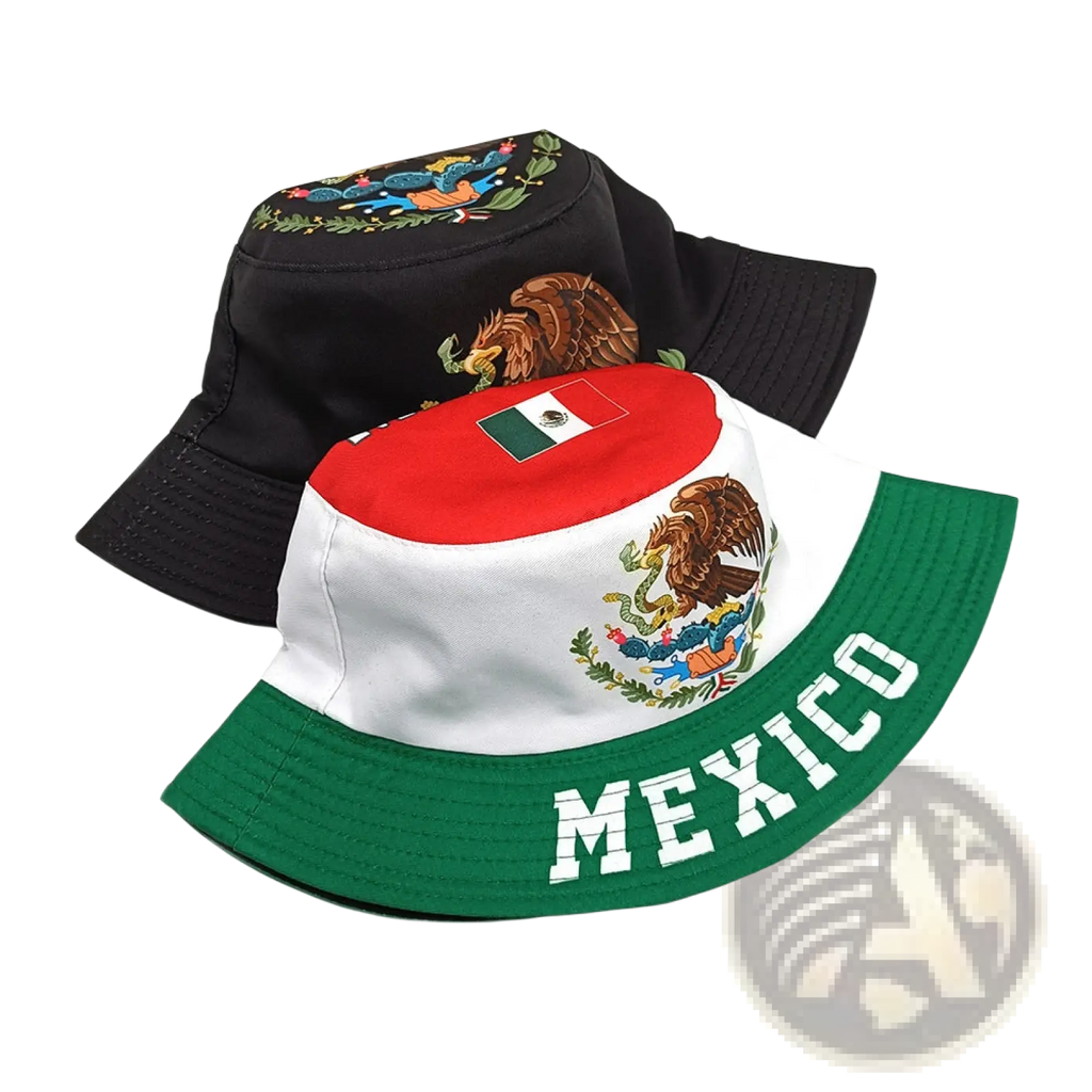 Mexican flag bucket hat with embroidered eagle and cactus design in red white and green panels for sun protection