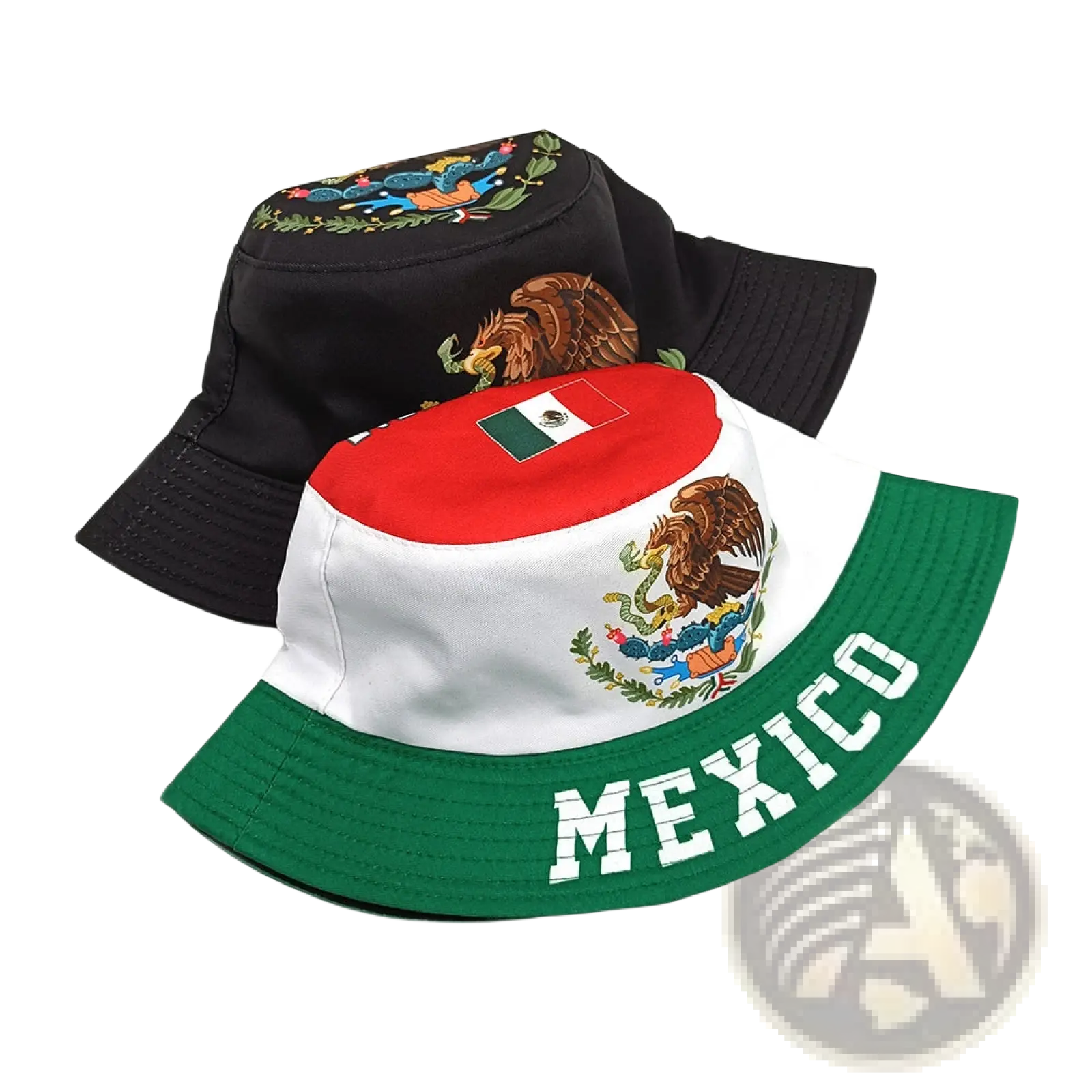 Mexican flag bucket hat with embroidered eagle and cactus design in red white and green panels for sun protection