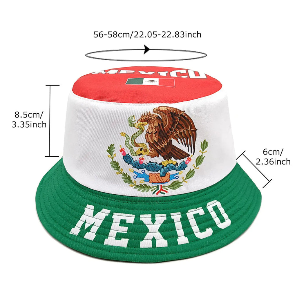 Mexican flag bucket hat in white green and red with embroidered national emblem and mexico lettering for sun protection