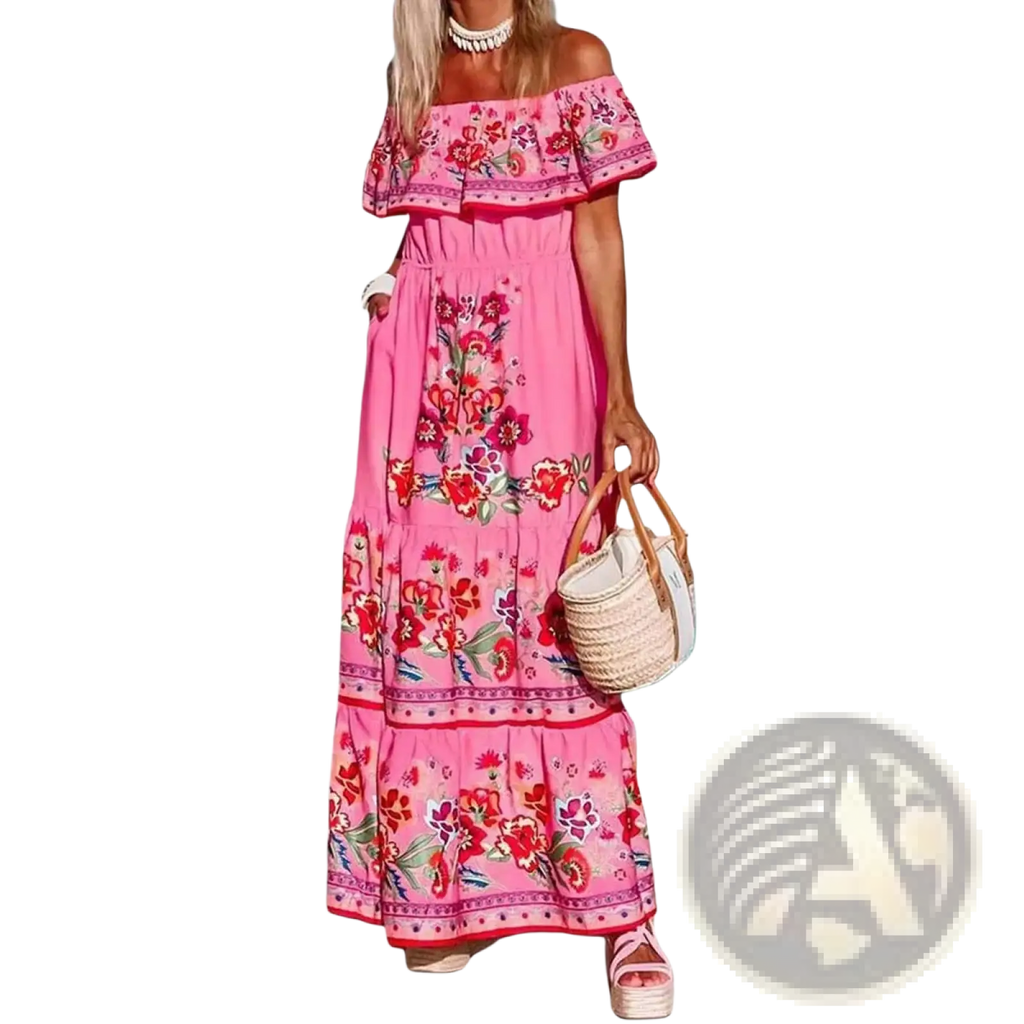 A vibrant pink Mexican floral off shoulder maxi dress with bold red and green floral embroidery and tiered ruffles