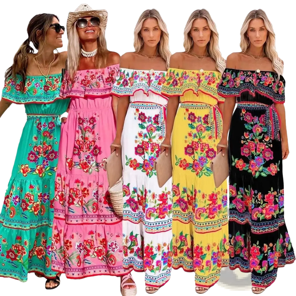 Five women model Mexican floral off shoulder maxi dresses with vibrant floral prints and colorful embroidered tiered skirts