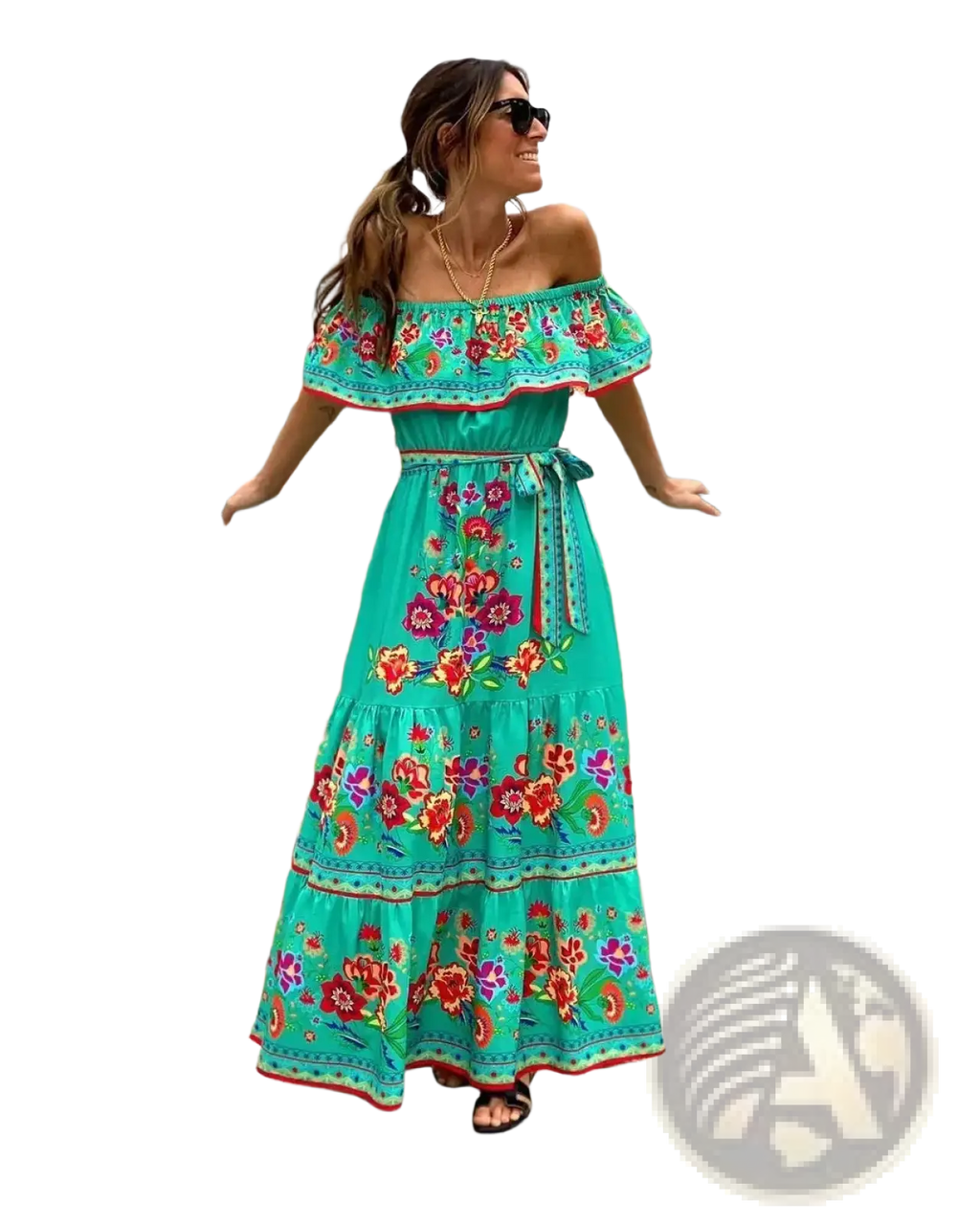 A vibrant turquoise Mexican floral off shoulder maxi dress with colorful floral embroidery and a matching belt