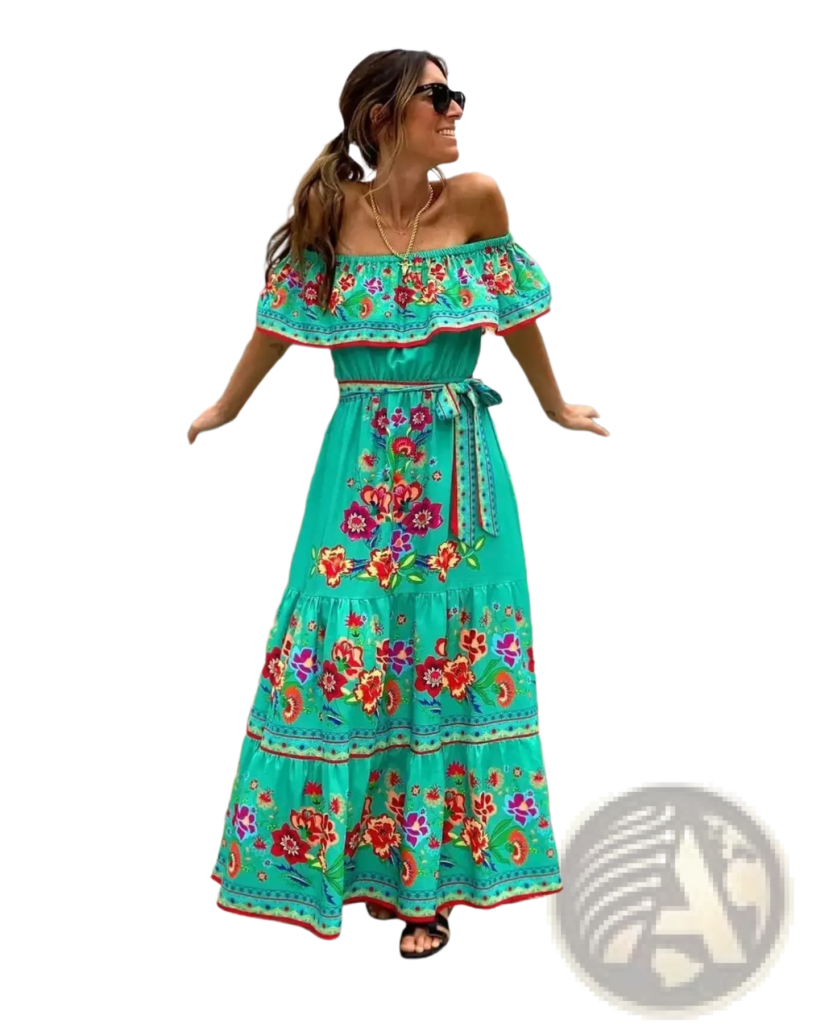 A vibrant turquoise Mexican floral off shoulder maxi dress with colorful floral embroidery and a matching belt