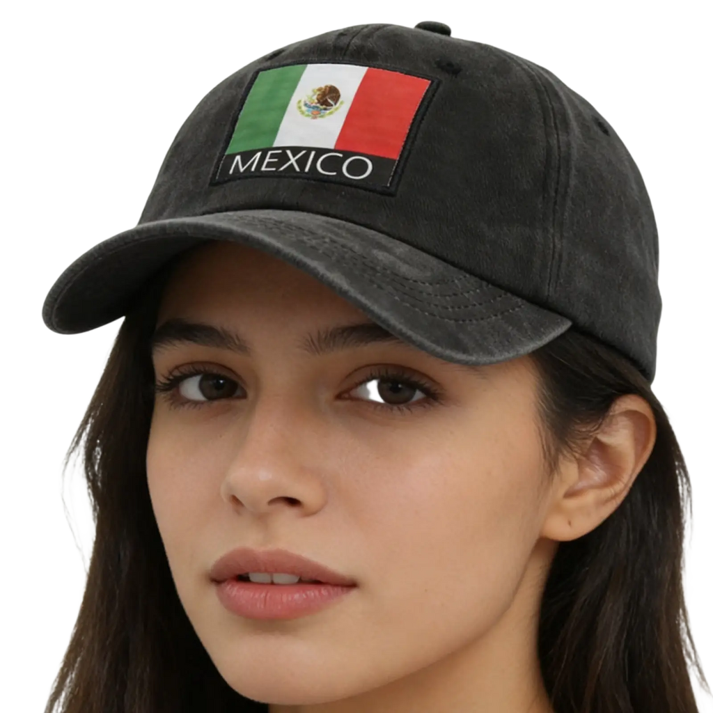 Black distressed cotton baseball cap with mexican flag patch and mexico embroidery unisex hat front view