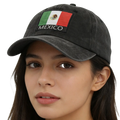 Black distressed cotton baseball cap with mexican flag patch and mexico embroidery unisex hat front view