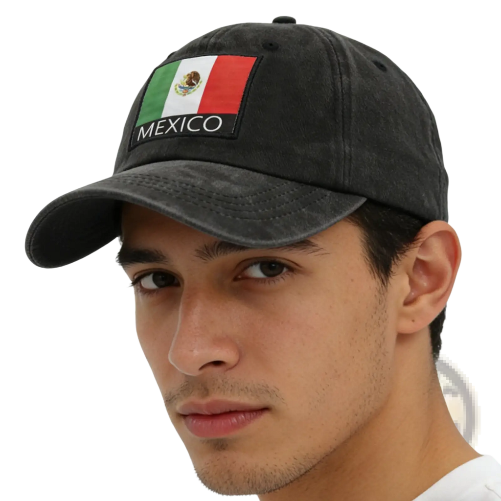 Black distressed cotton baseball cap featuring an embroidered Mexican flag patch with Mexico text unisex design