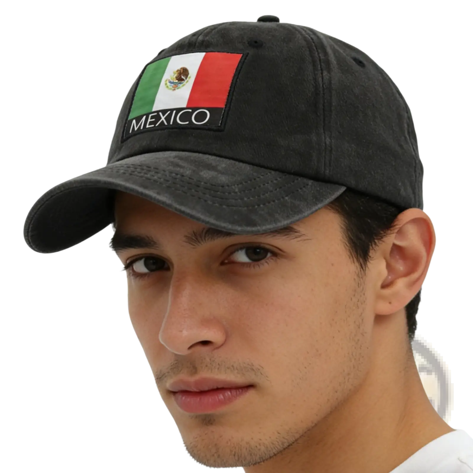 Black distressed cotton baseball cap featuring an embroidered Mexican flag patch with Mexico text unisex design