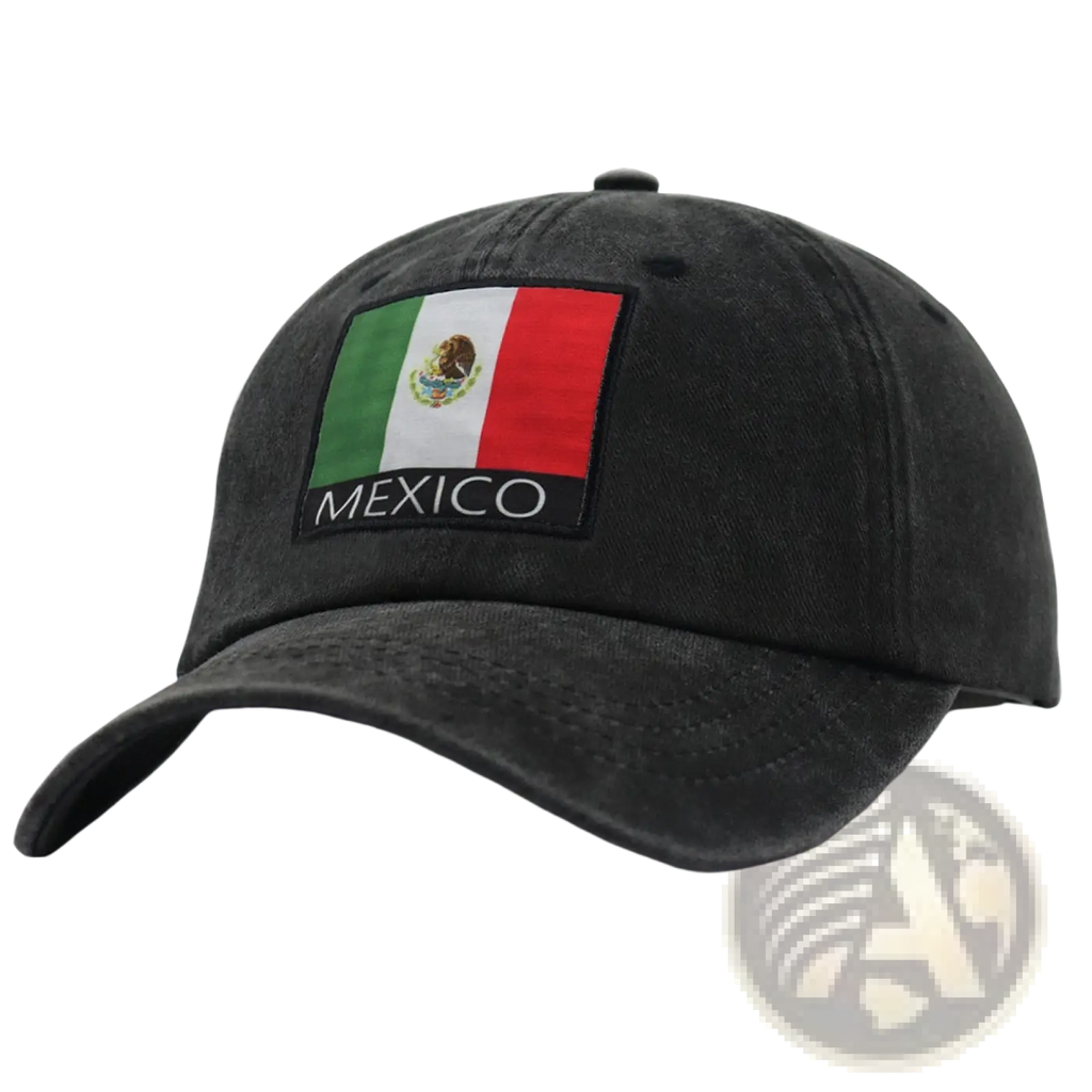 Black distressed cotton baseball cap featuring an embroidered mexico patch with the Mexican flag unisex design