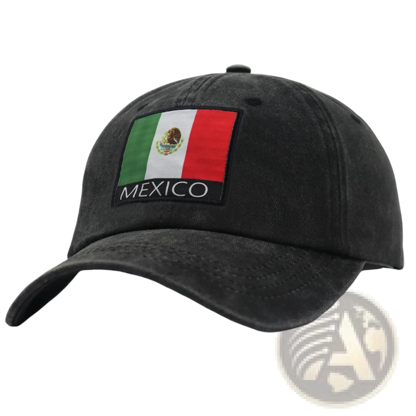 Black distressed cotton baseball cap featuring an embroidered mexico patch with the Mexican flag unisex design