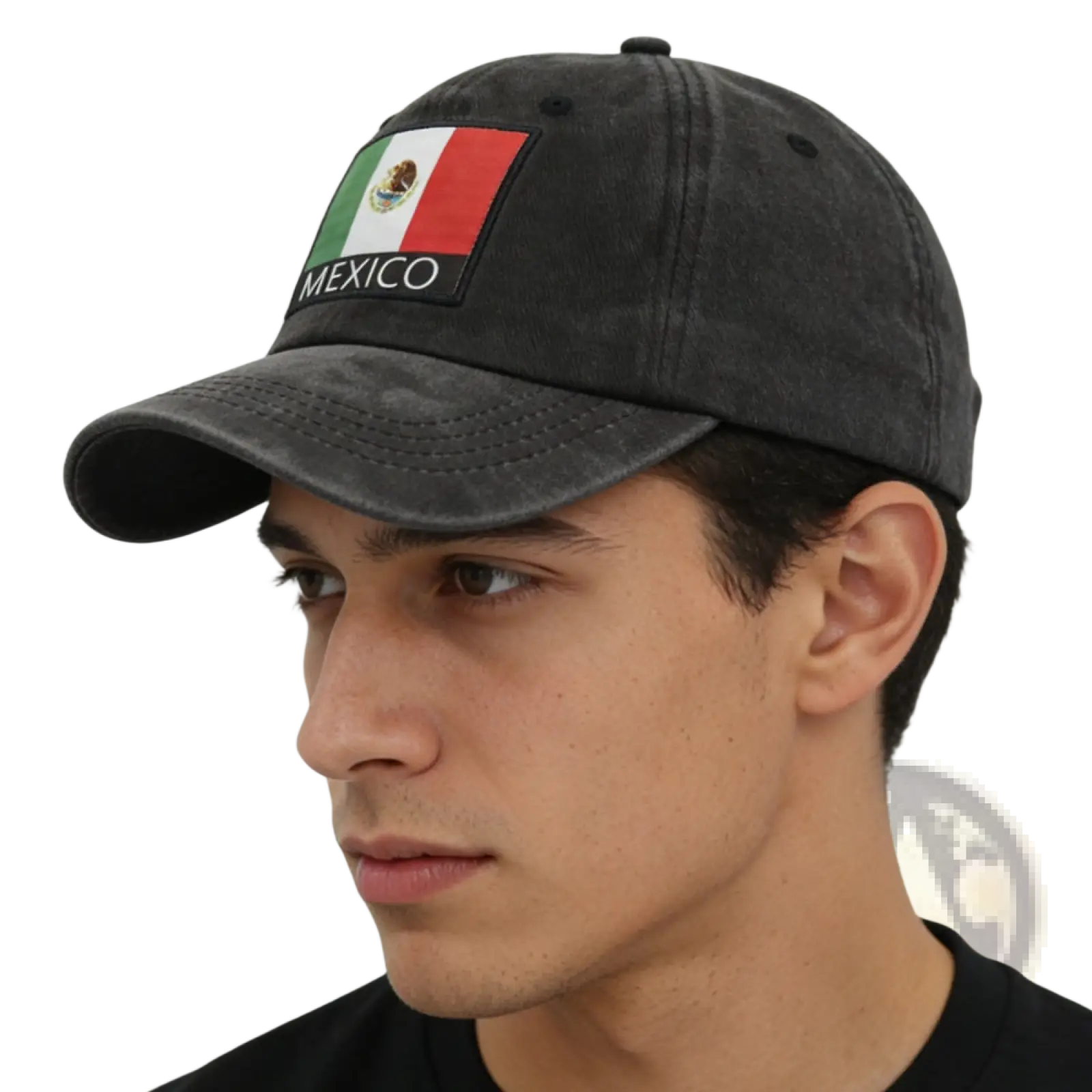 Dark gray distressed cotton baseball cap with embroidered mexican flag patch and mexico text unisex hat