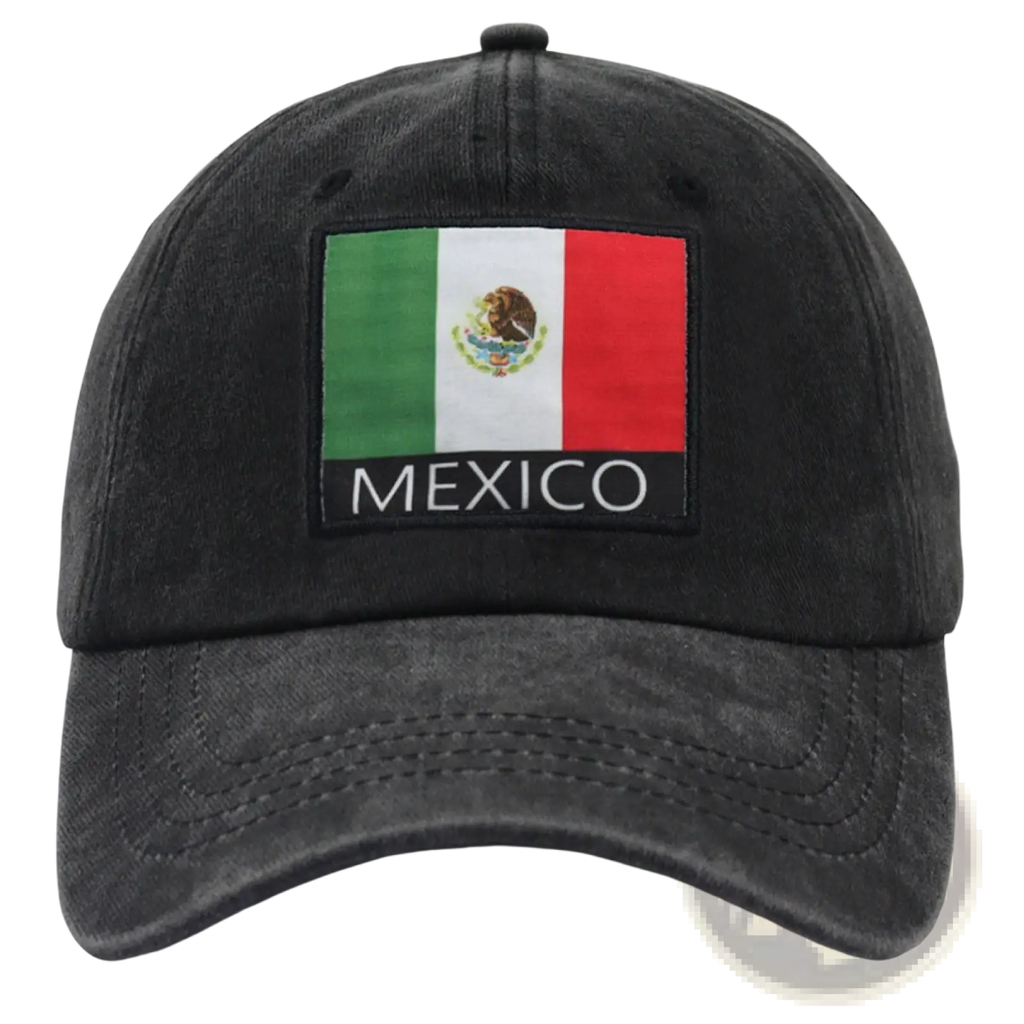 Black distressed cotton baseball cap featuring an embroidered Mexican flag patch and the word Mexico in bold white letters