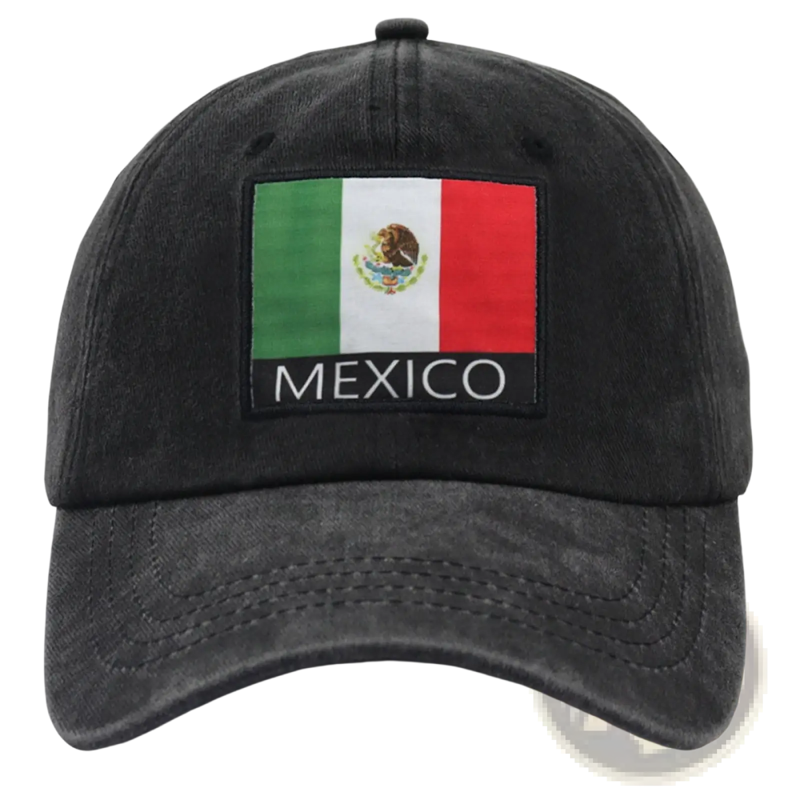 Black distressed cotton baseball cap featuring an embroidered Mexican flag patch and the word Mexico in bold white letters