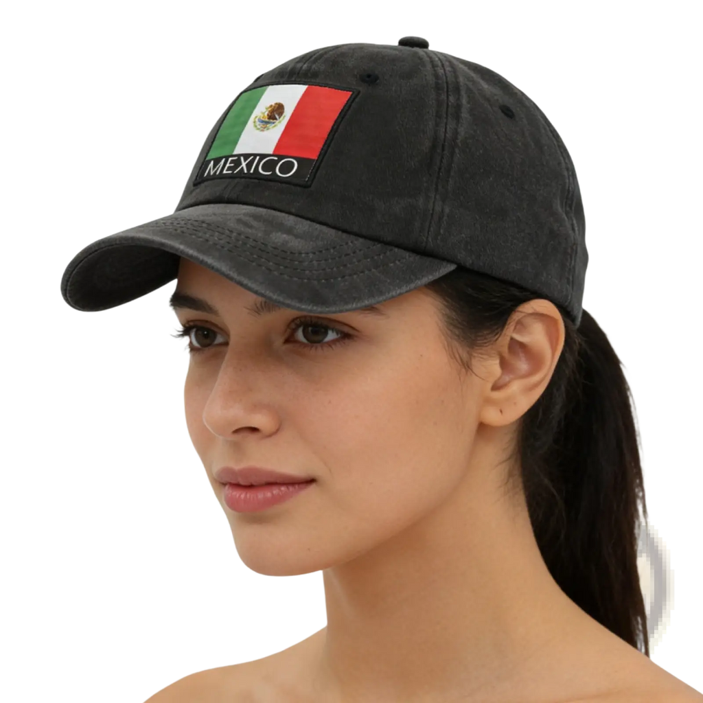 Black distressed cotton baseball cap featuring a rectangular patch with the Mexican flag and Mexico embroidered below