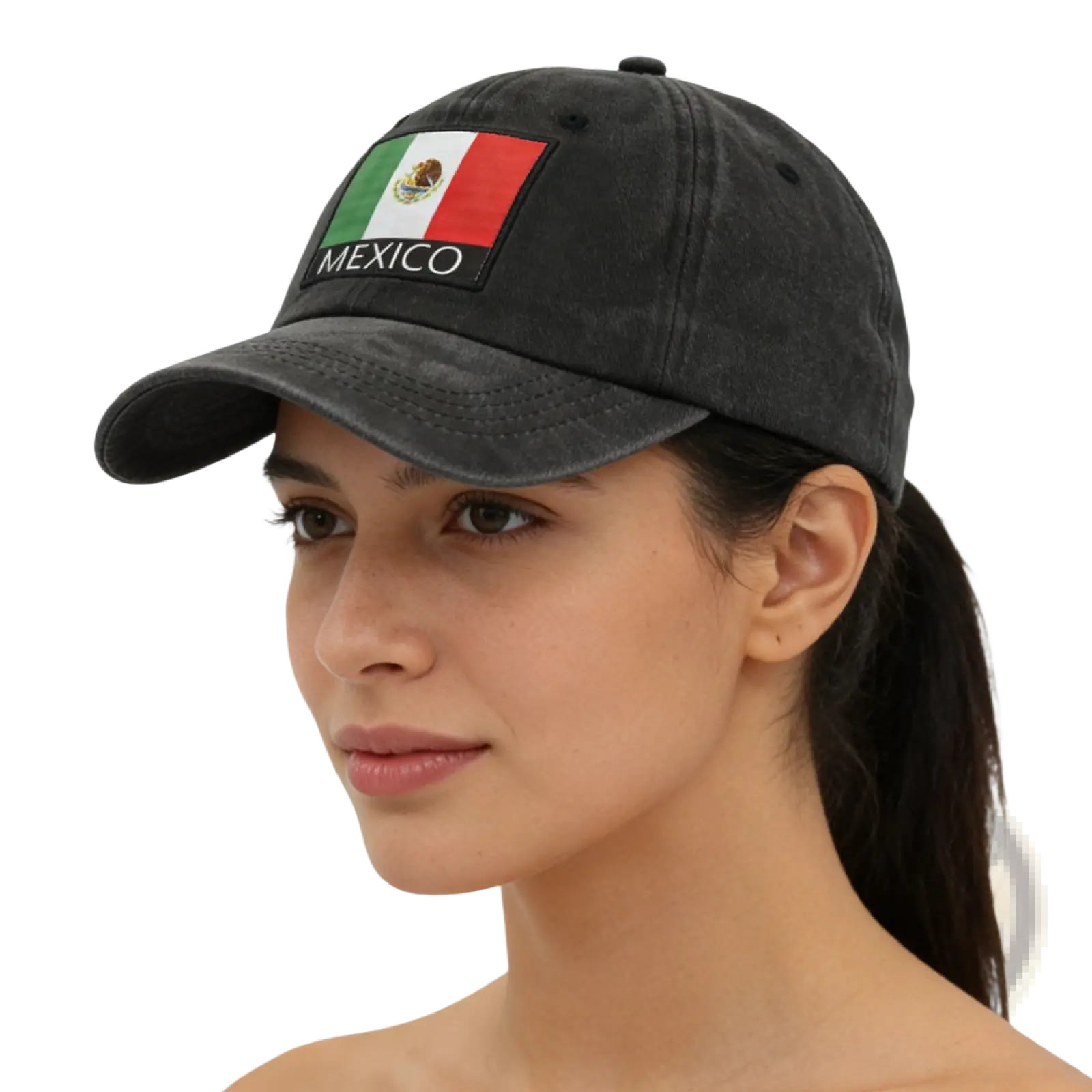 Black distressed cotton baseball cap featuring a rectangular patch with the Mexican flag and Mexico embroidered below