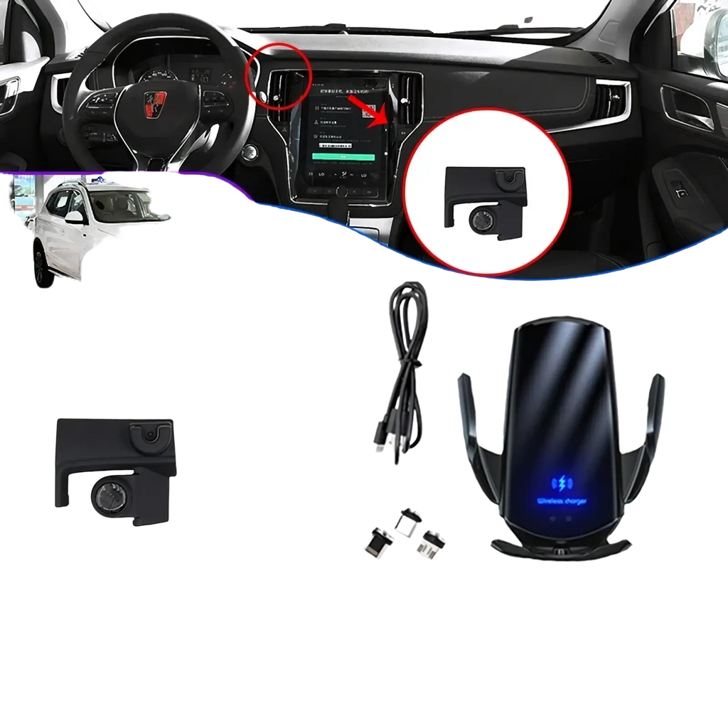 Black wireless phone charger with magnetic base and sleek curved design for car use in Mg Rx5 Wireless Charging Car Phone Mount
