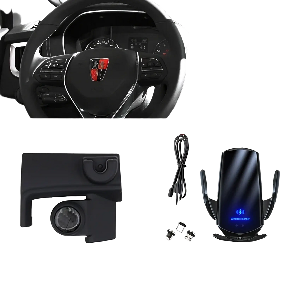 Black mg rx5 wireless charging car phone mount with sleek curved design and blue led lighting for fast charging