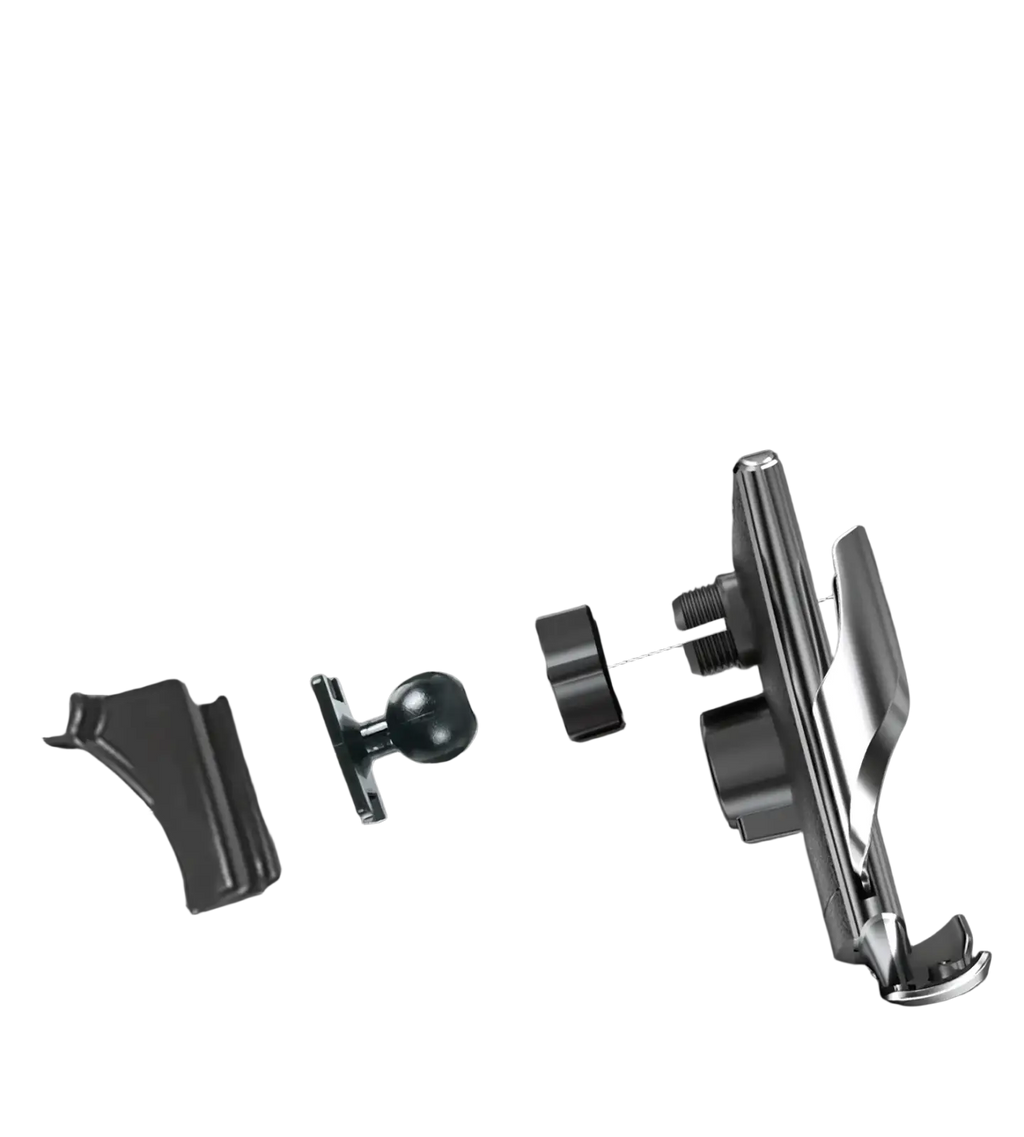 Silver metallic mg rx5 wireless charging car phone mount with ball head and adjustable clamp for secure smartphone mounting