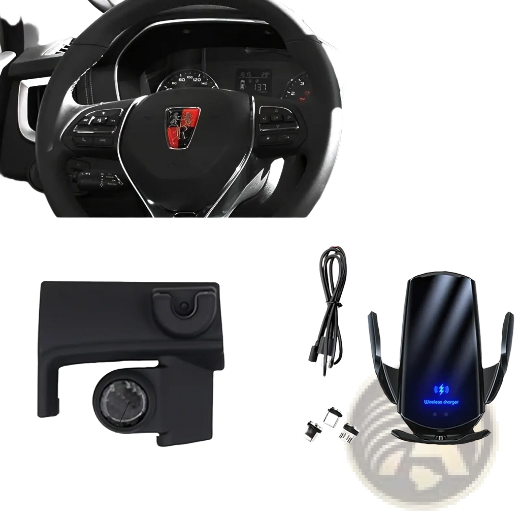 Black mg rx5 wireless charging car phone mount with sleek curved design and blue led lighting for fast charging