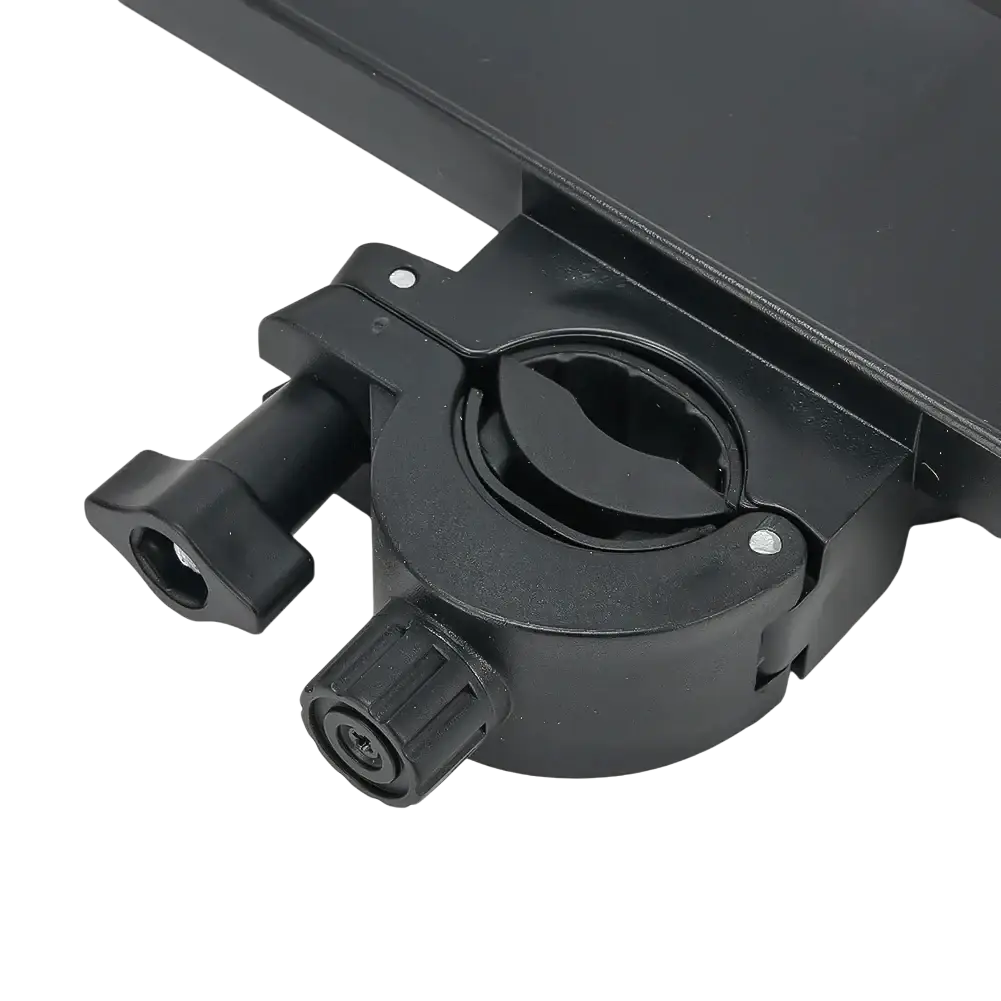 Black plastic mic stand tray with phone holder featuring adjustable clamp and threaded screw bike mount bracket
