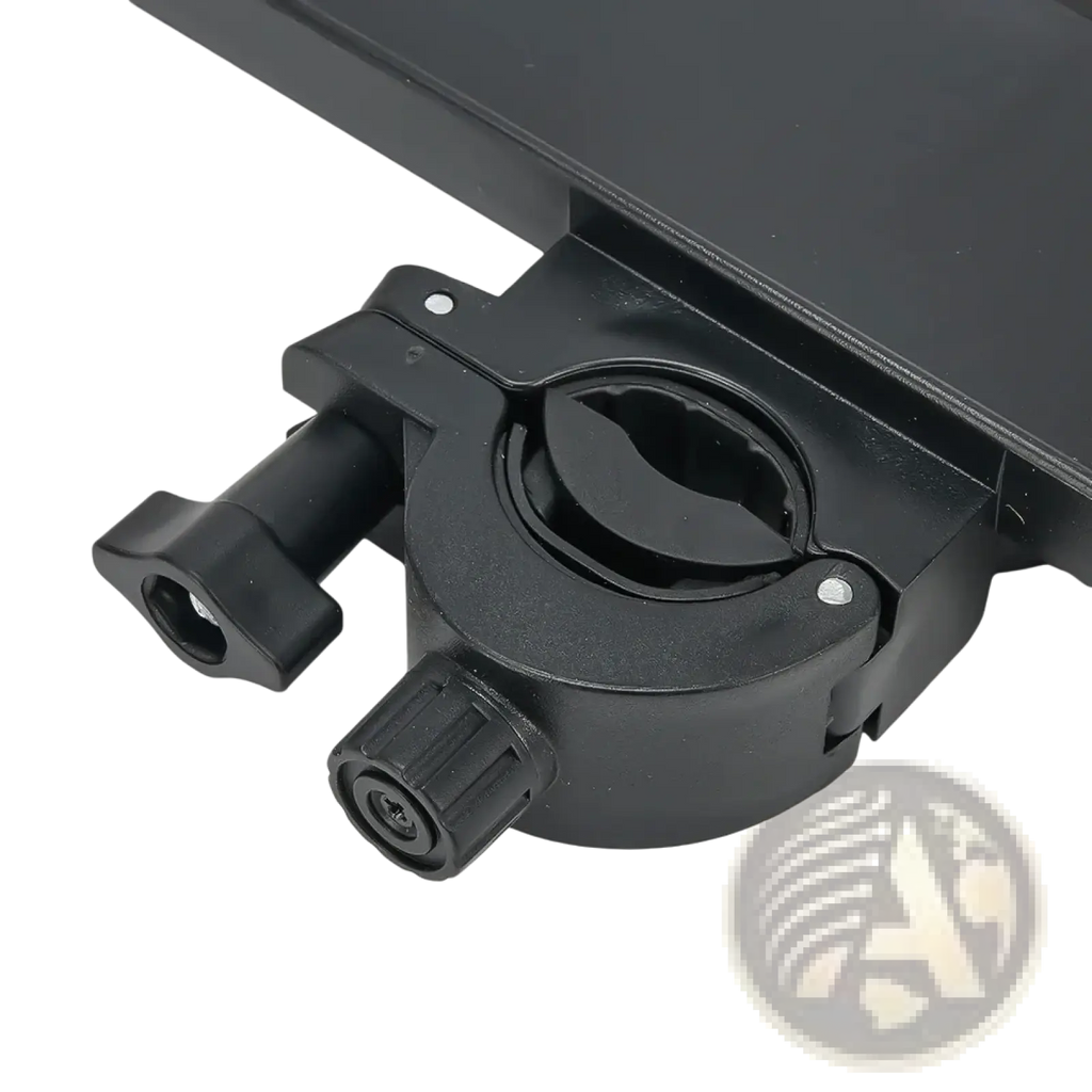 Black plastic mic stand tray with phone holder featuring adjustable clamp and threaded screw bike mount bracket