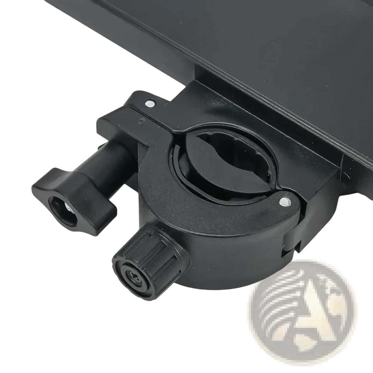 Black plastic mic stand tray with phone holder featuring adjustable clamp and threaded screw bike mount bracket