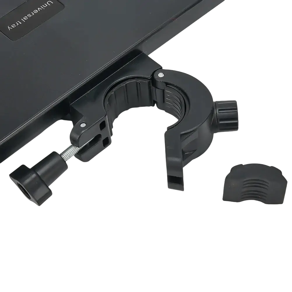 Black plastic clamp with adjustable screw and knob for securing a universal tray on a mic stand tray with phone holder