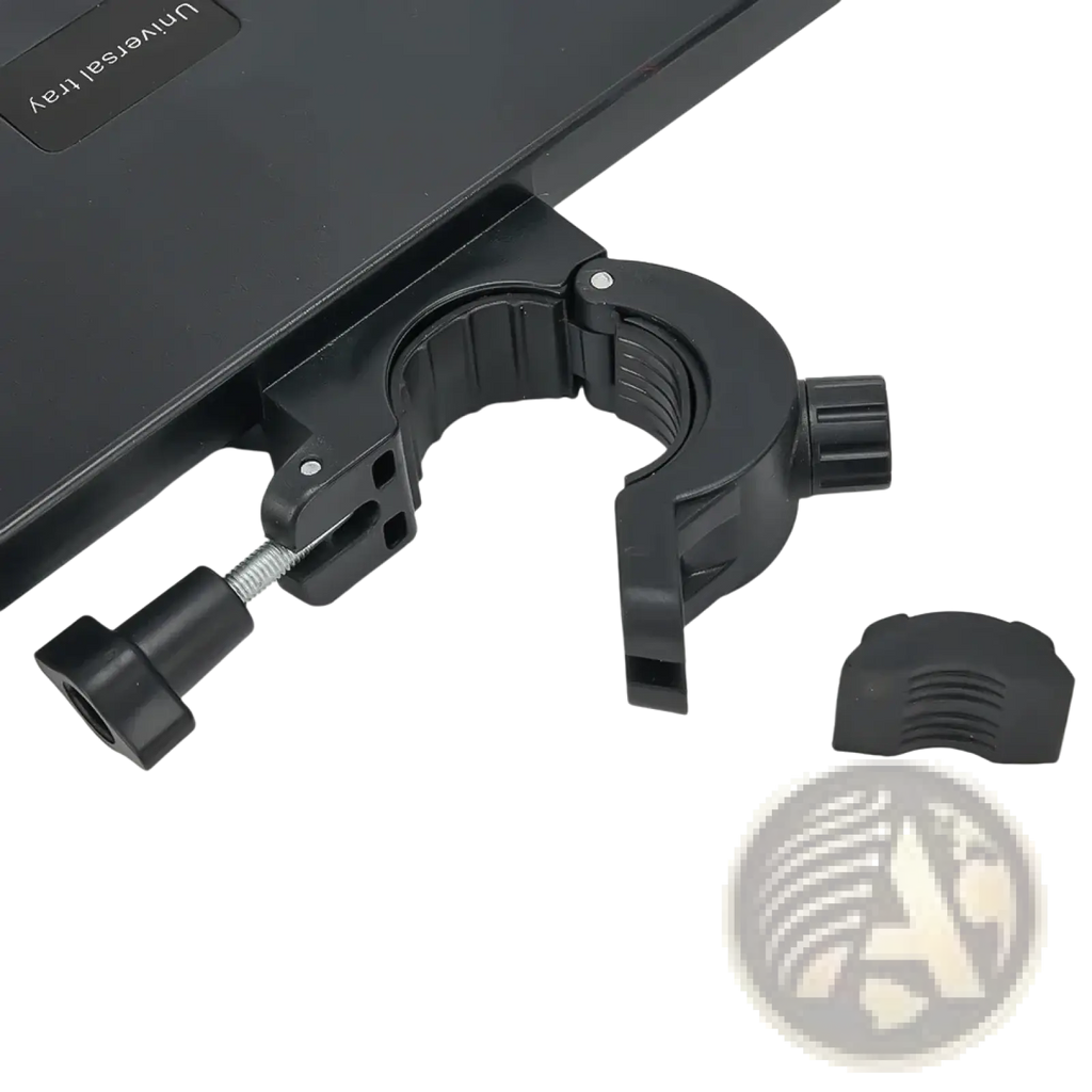 Black plastic clamp with adjustable screw and knob for securing a universal tray on a mic stand tray with phone holder