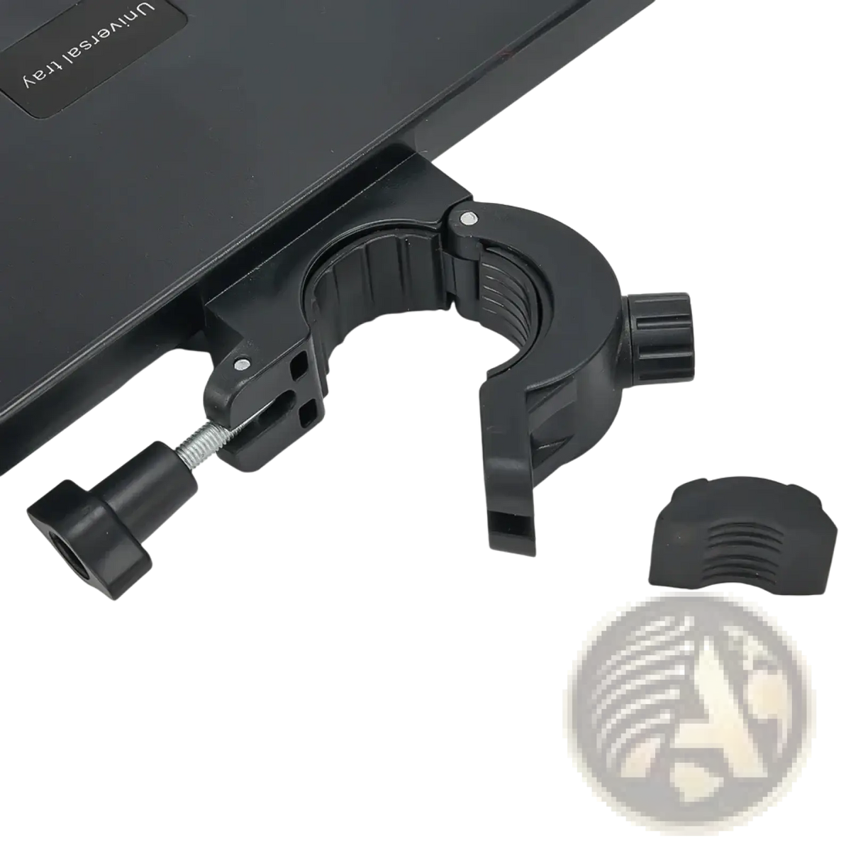 Black plastic clamp with adjustable screw and knob for securing a universal tray on a mic stand tray with phone holder