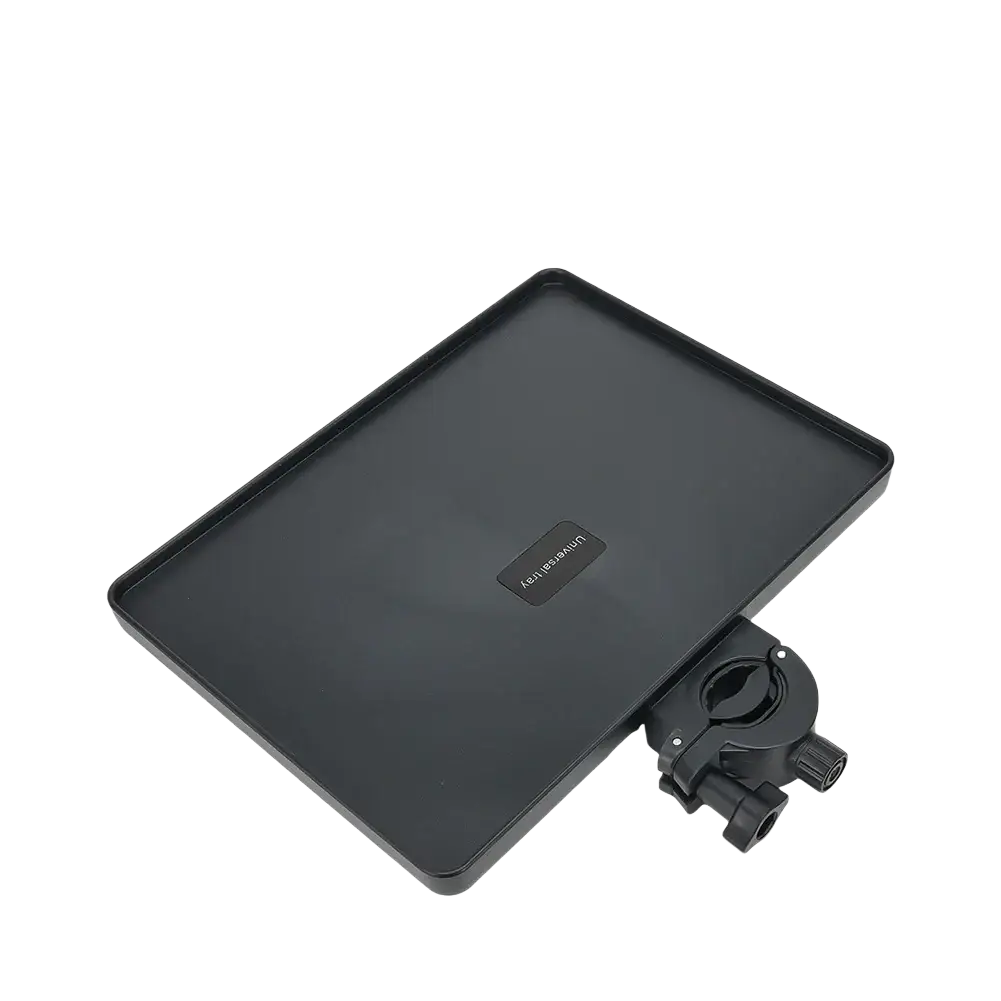 Black rectangular mic stand tray with phone holder and mounting bracket labeled aerogear on its surface