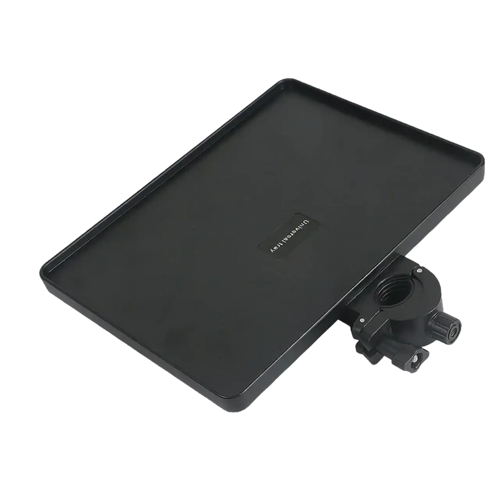 Black rectangular mic stand tray with phone holder and mounting bracket measuring 22cm by 16.5cm