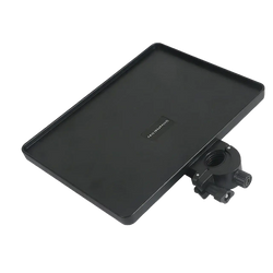 Black rectangular mic stand tray with phone holder and mounting bracket measuring 22cm by 16.5cm