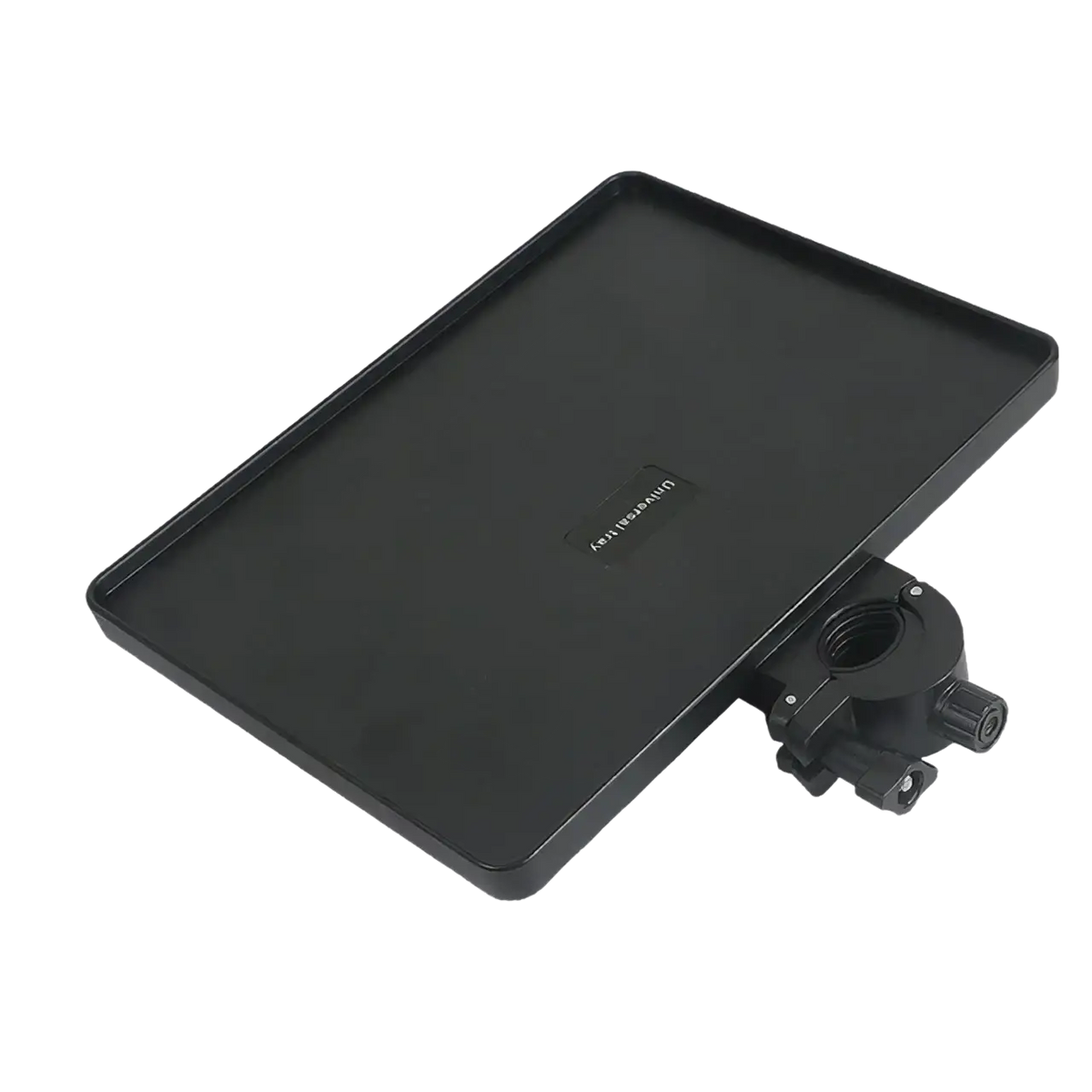 Black rectangular mic stand tray with phone holder and mounting bracket measuring 22cm by 16.5cm