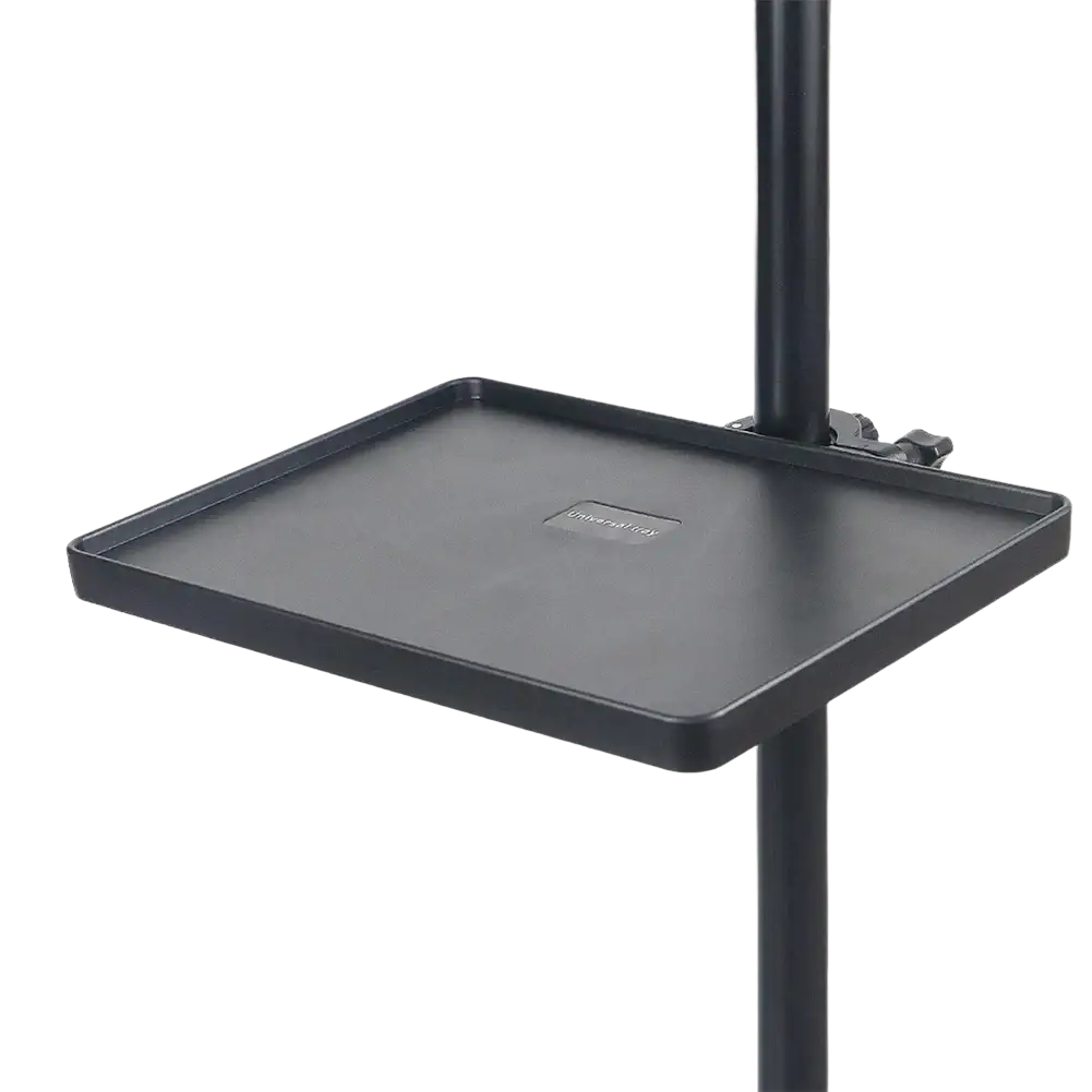Black rectangular mic stand tray with adjustable clamp and phone holder mounted on pole for accessory organization