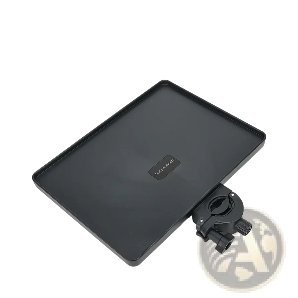 Black rectangular mic stand tray with phone holder and mounting bracket labeled aerogear on its surface