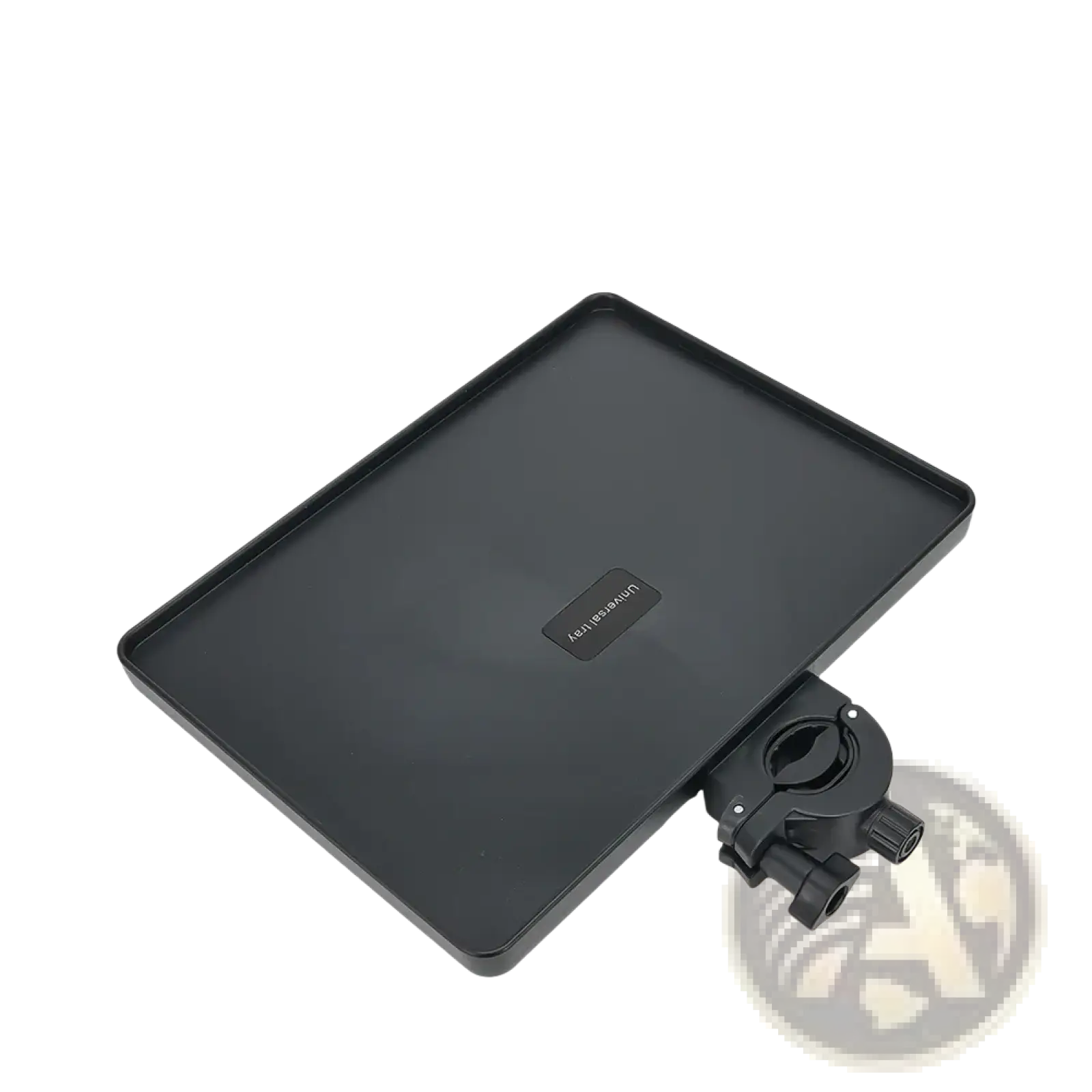 Black rectangular mic stand tray with phone holder and mounting bracket labeled aerogear on its surface