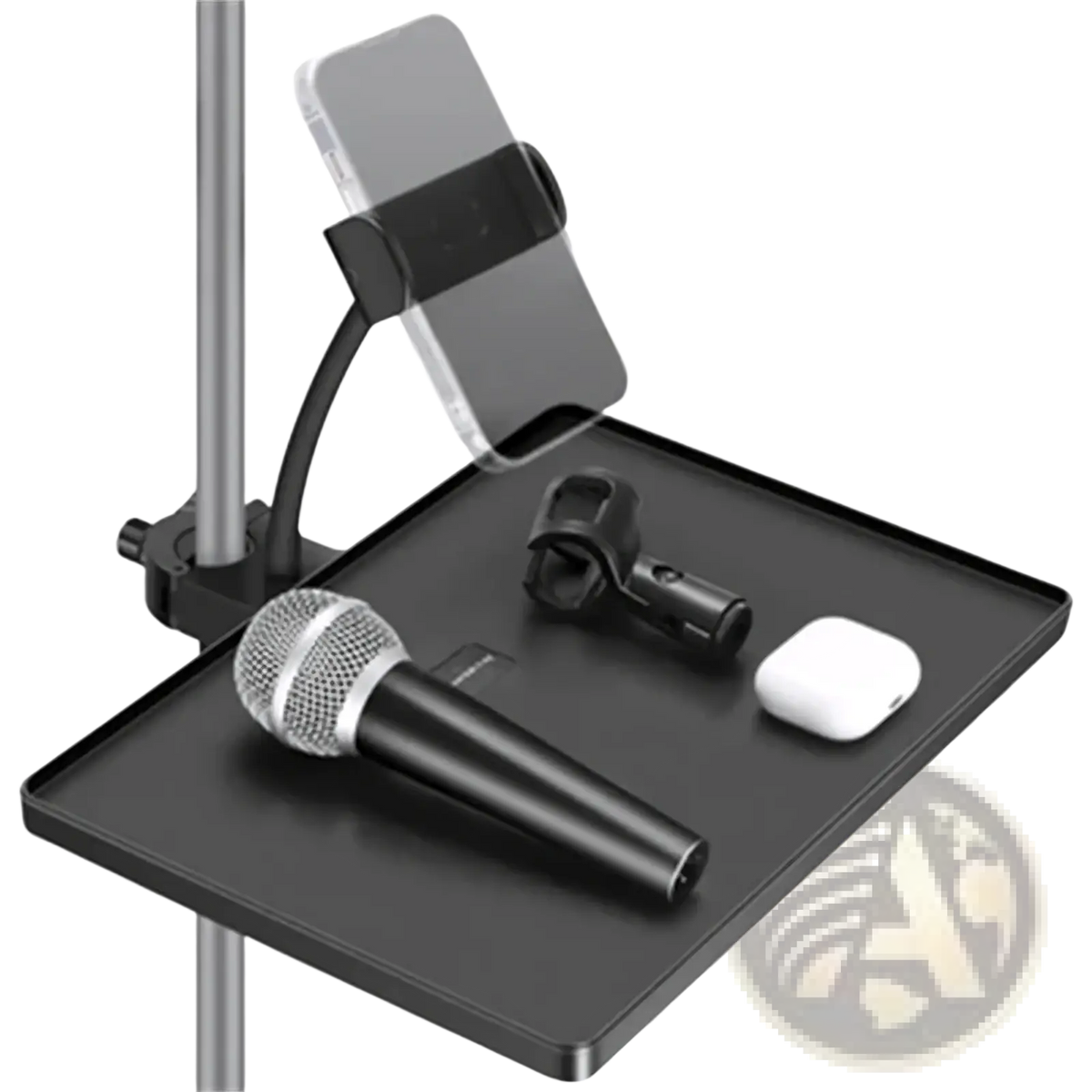 Black rectangular mic stand tray with phone holder and adjustable arm for secure device placement