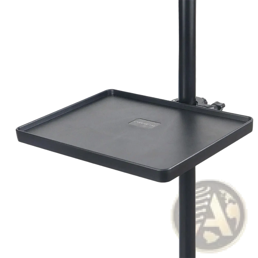Black rectangular mic stand tray with adjustable clamp and phone holder mounted on pole for accessory organization